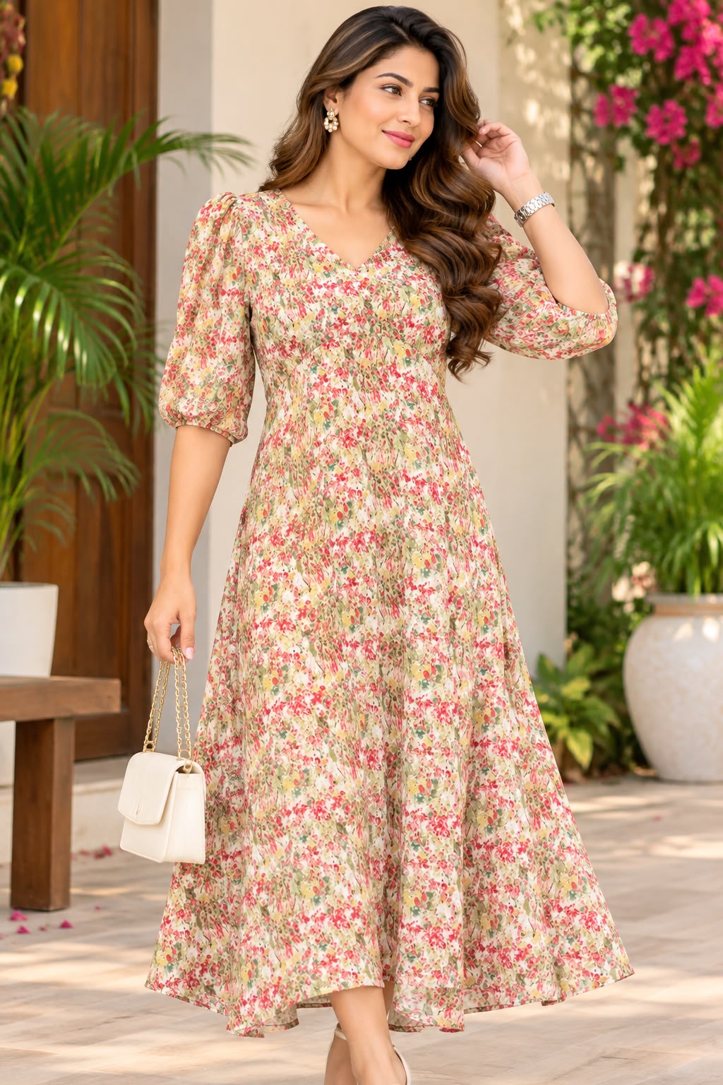 Cream Floral Print V-Neck Midi Fit & Flare Dress
