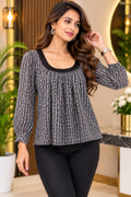 Black & White Abstract Print Scoop Neck Long-Sleeve Top