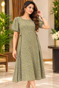 Olive Green Floral Print Puff-Sleeve Midi Fit & Flare Dress