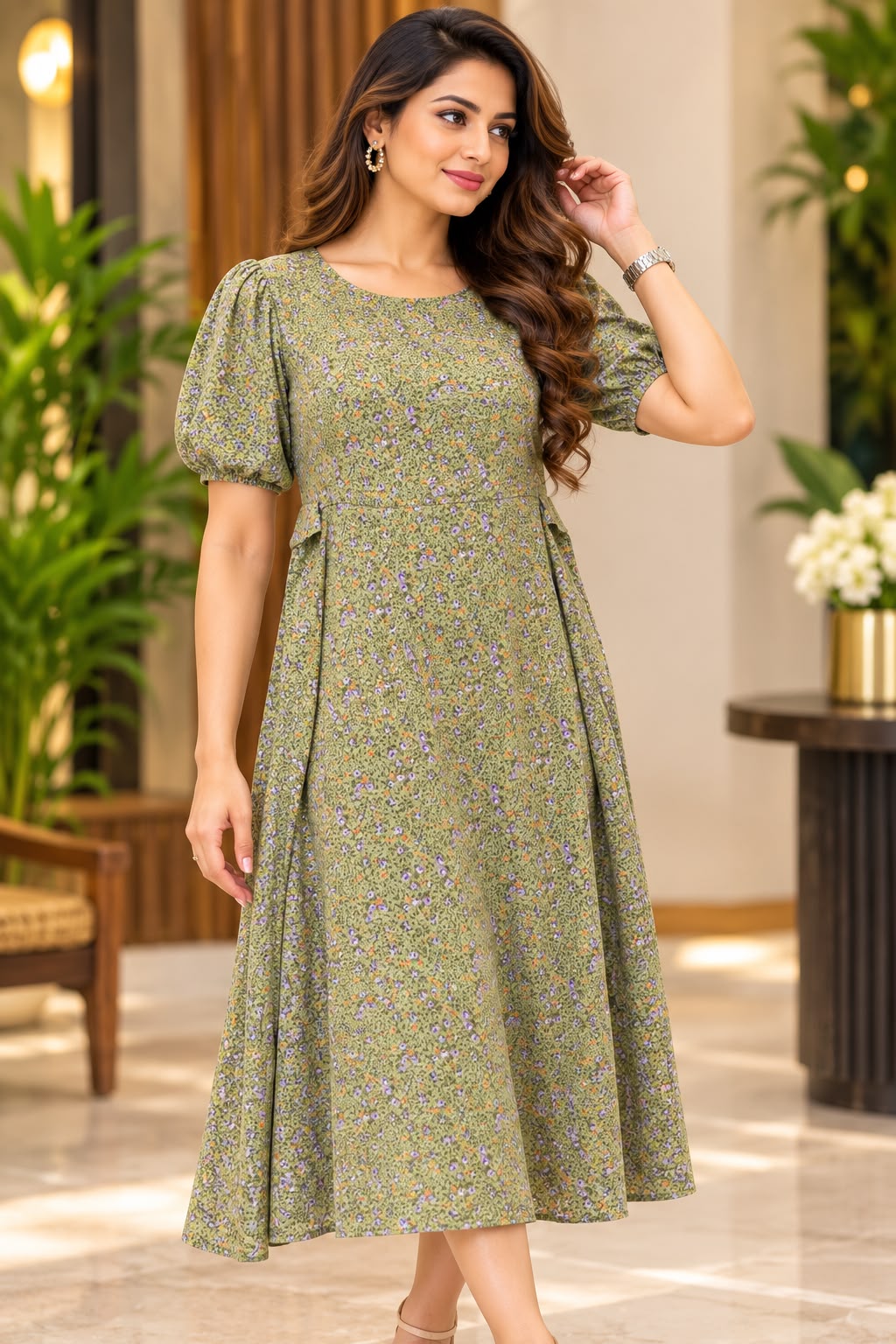 Olive Green Floral Print Puff-Sleeve Midi Fit & Flare Dress