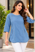 Light Blue Denim 3/4 Sleeve A-Line Tunic Top