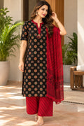 Black Printed Straight Kurta with Red Palazzo Pants and Dupatta Set