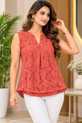 Coral Pink Floral Lace Sleeveless Flared Top