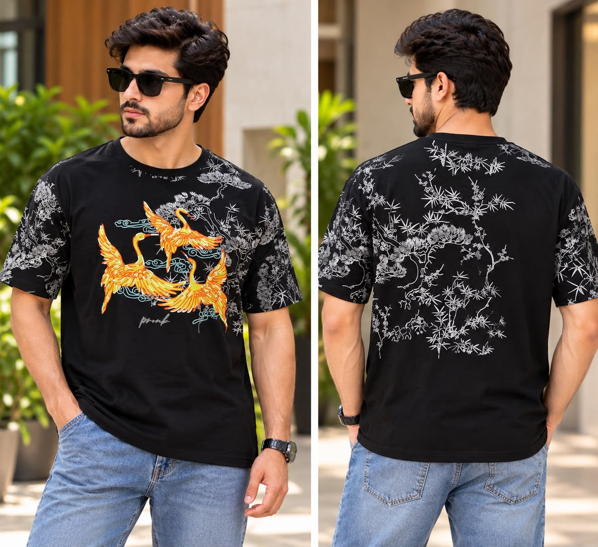 Black Graphic Crane Print Crew Neck Half-Sleeve T-Shirt