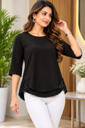 Black Textured Lace-Trimmed Three-Quarter Sleeve Top