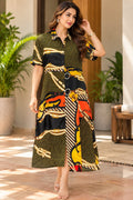 Black & Yellow Chain Print Button-Down Midi Dress