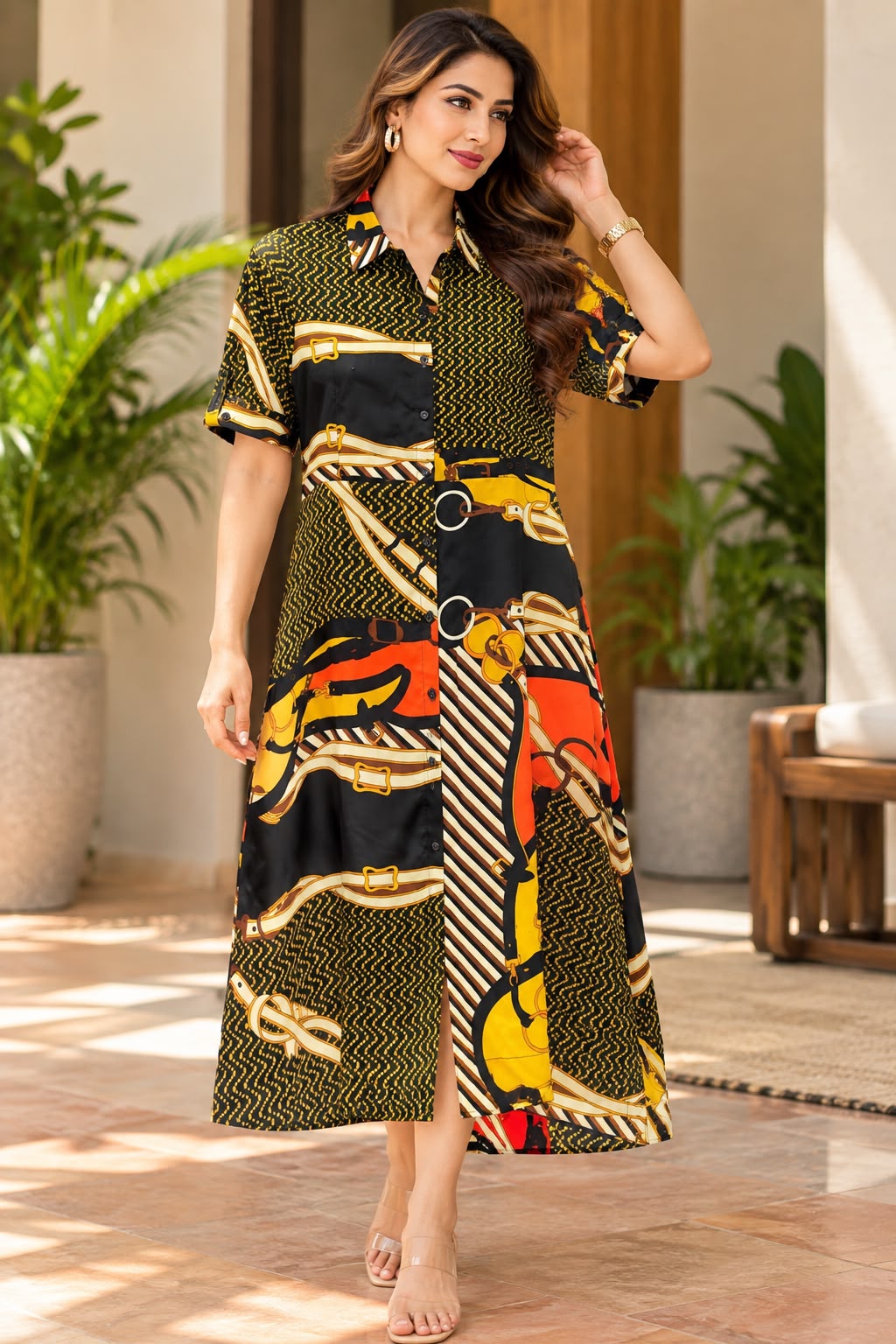 Black & Yellow Chain Print Button-Down Midi Dress