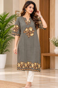 Grey Floral Print Straight Kurta with Border Detailing