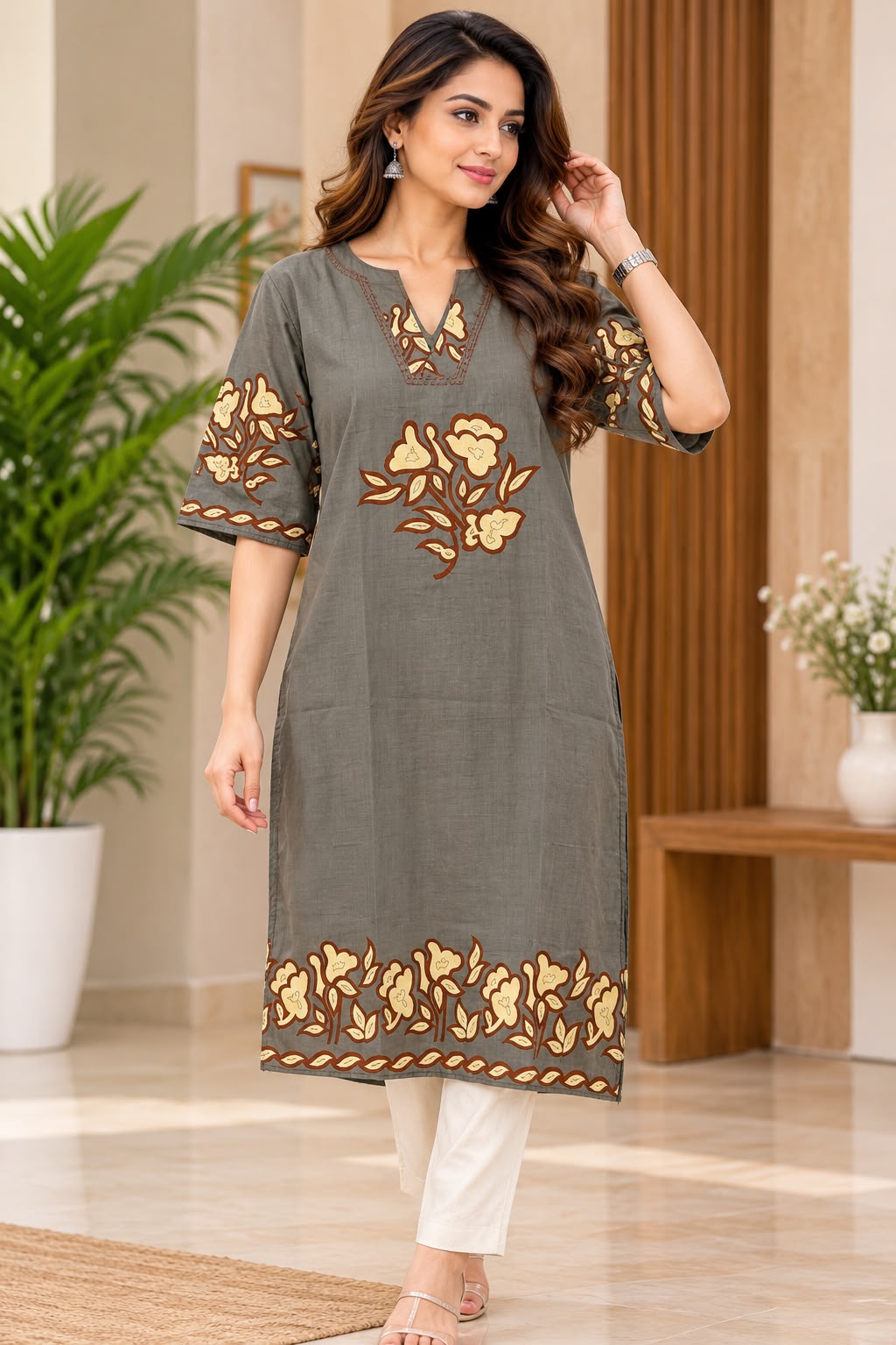Grey Floral Print Straight Kurta with Border Detailing