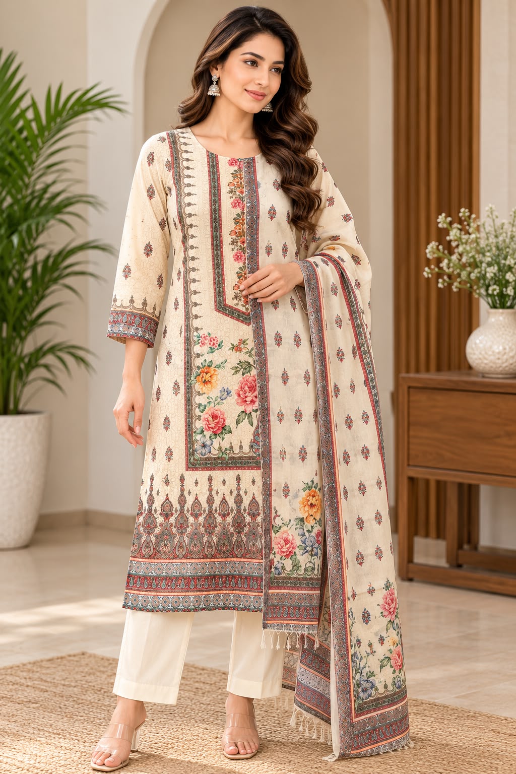 Cream Floral Printed Straight Kurta with Matching Dupatta Set