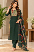 Dark Green Embroidered Straight Kurta with Floral Printed Dupatta Set