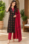 Black Printed Kurta with Red Printed Palazzo Pants and Dupatta Set