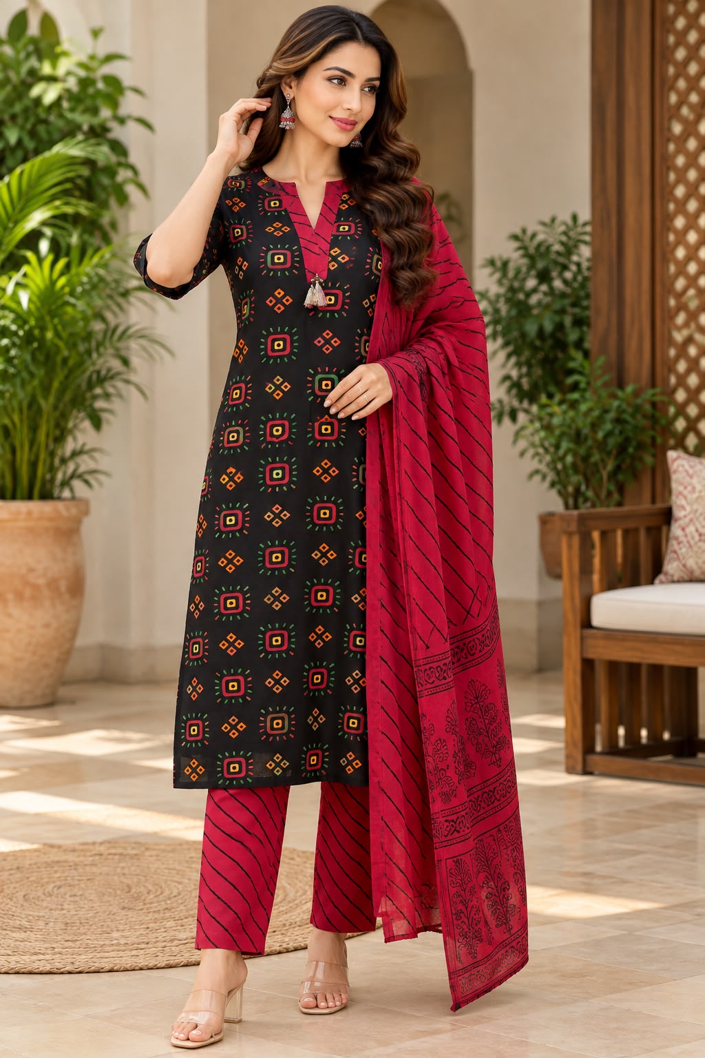 Black Printed Kurta with Red Printed Palazzo Pants and Dupatta Set