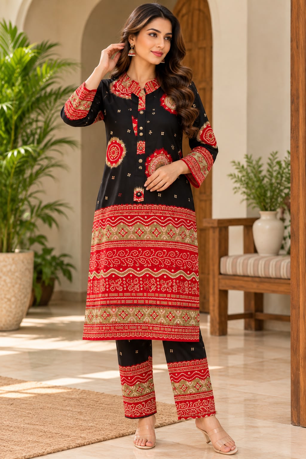 Black and Red Printed Straight Kurta with Matching Palazzo Pants and Dupatta Set