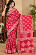 Rani Pink Floral Printed Cotton Saree with Traditional Decorative Border