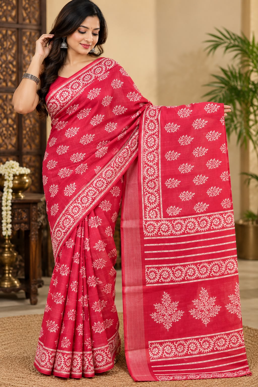 Rani Pink Floral Printed Cotton Saree with Traditional Decorative Border