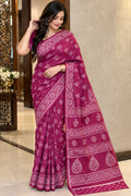 Magenta Floral Printed Saree with Traditional White Geometric Border