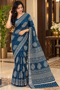 Navy Blue Floral Printed Saree with Traditional Beige Decorative Border
