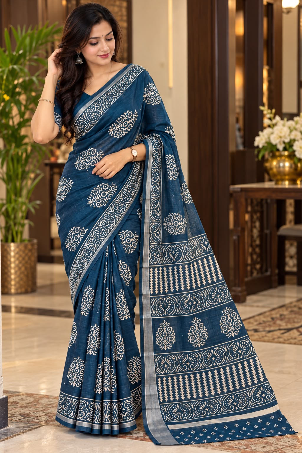 Navy Blue Floral Printed Saree with Traditional Beige Decorative Border