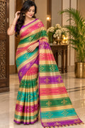 Multicolor Traditional Silk Saree with Green, Pink and Gold Woven Zari Border