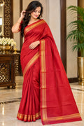 Red Silk Saree with Elegant Golden Zari Border and Traditional Woven Detailing