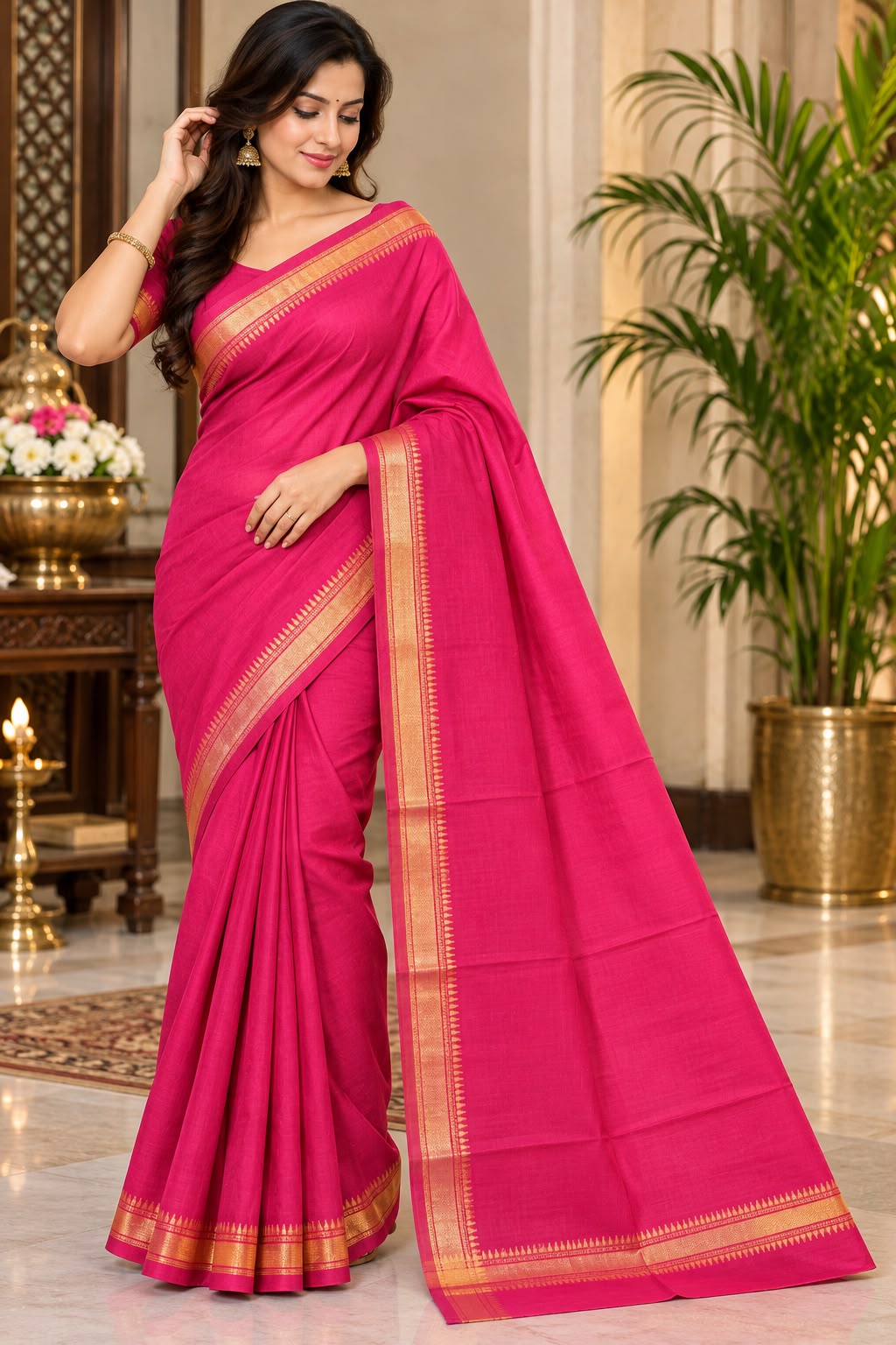 Rani Pink Saree with Elegant Golden Zari Border and Traditional Woven Detailing