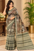 Olive Green and Taupe Abstract Printed Saree with Striped Border