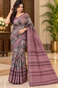 Mauve and Grey Abstract Printed Saree with Striped Border
