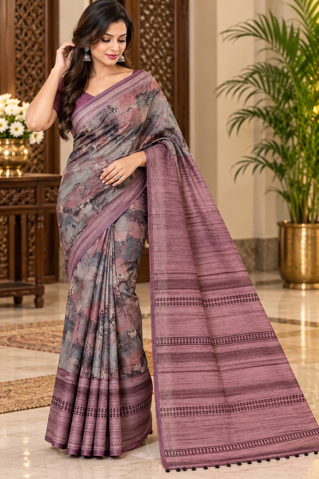 Mauve and Grey Abstract Printed Saree with Striped Border