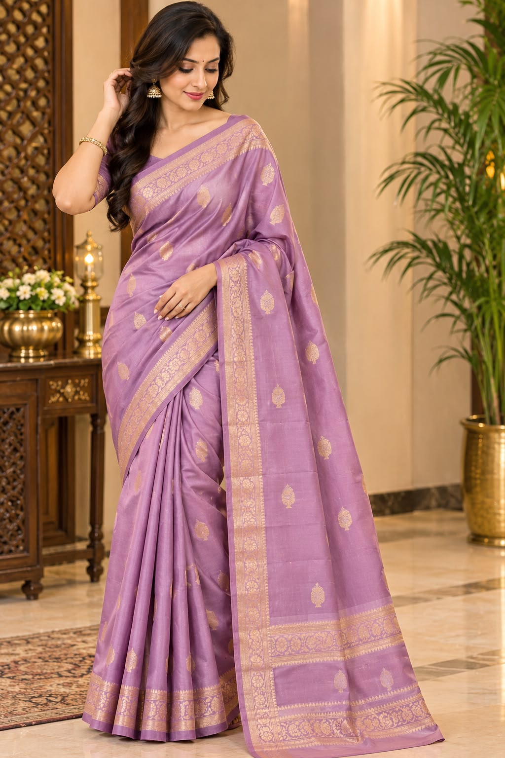 Lavender Purple Saree with Golden Buti Motifs and Ornate Border