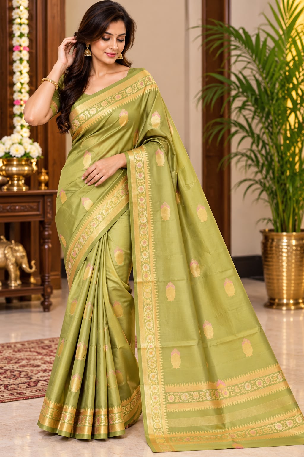 Olive Green Saree with Golden Buti Motifs and Floral Border