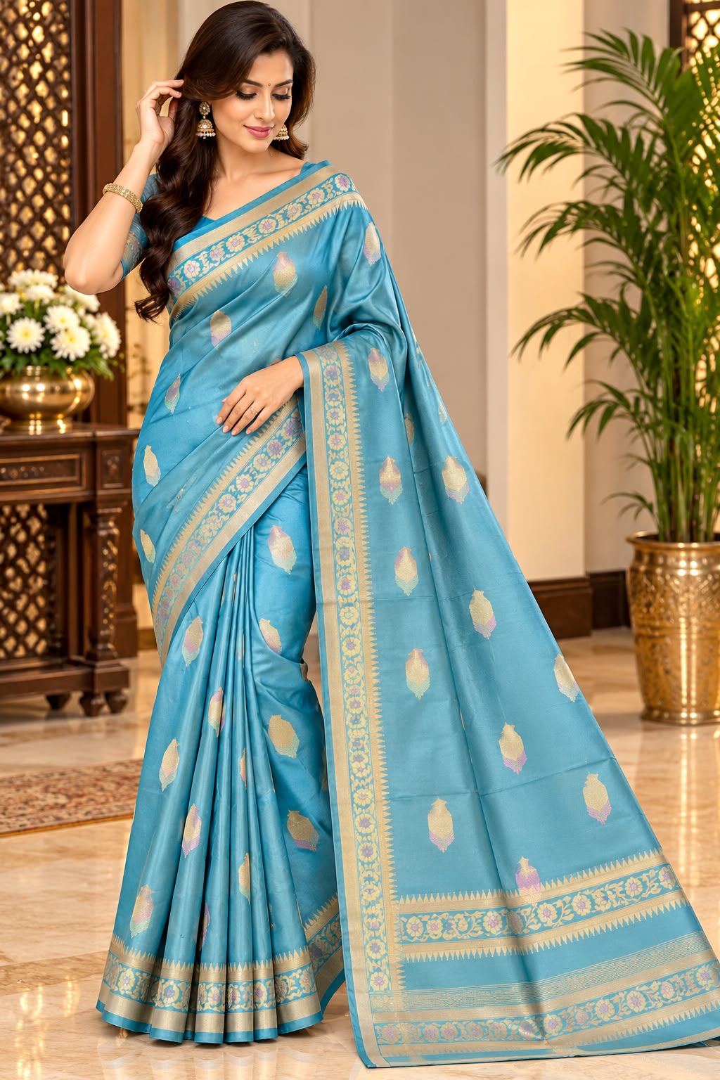 Sky Blue Saree with Golden Buti Motifs and Floral Border