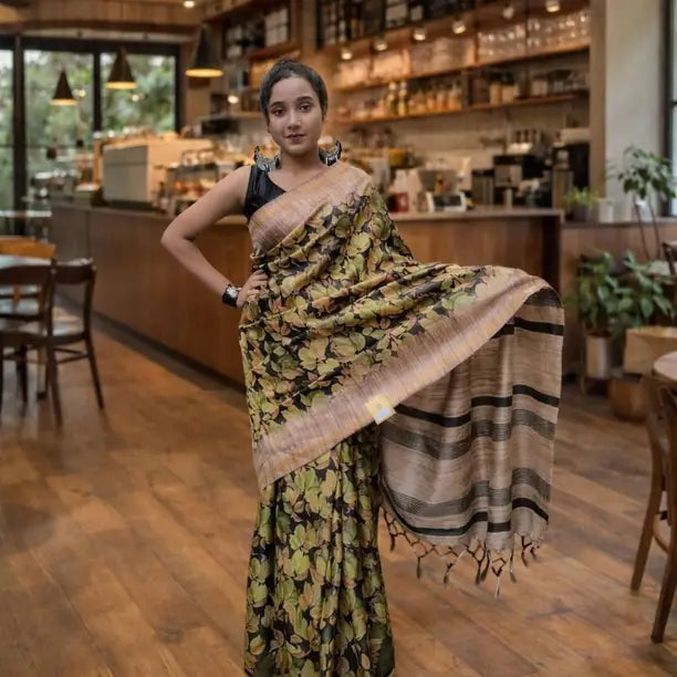 Stylish Olive Green Printed Saree with Contrast Border | Contemporary Casual & Festive Wear Saree for Women