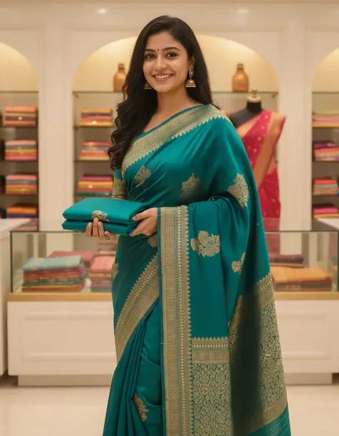 Graceful Teal Green Silk Saree with Gold Zari Border | Traditional Festive & Wedding Wear Saree for Women