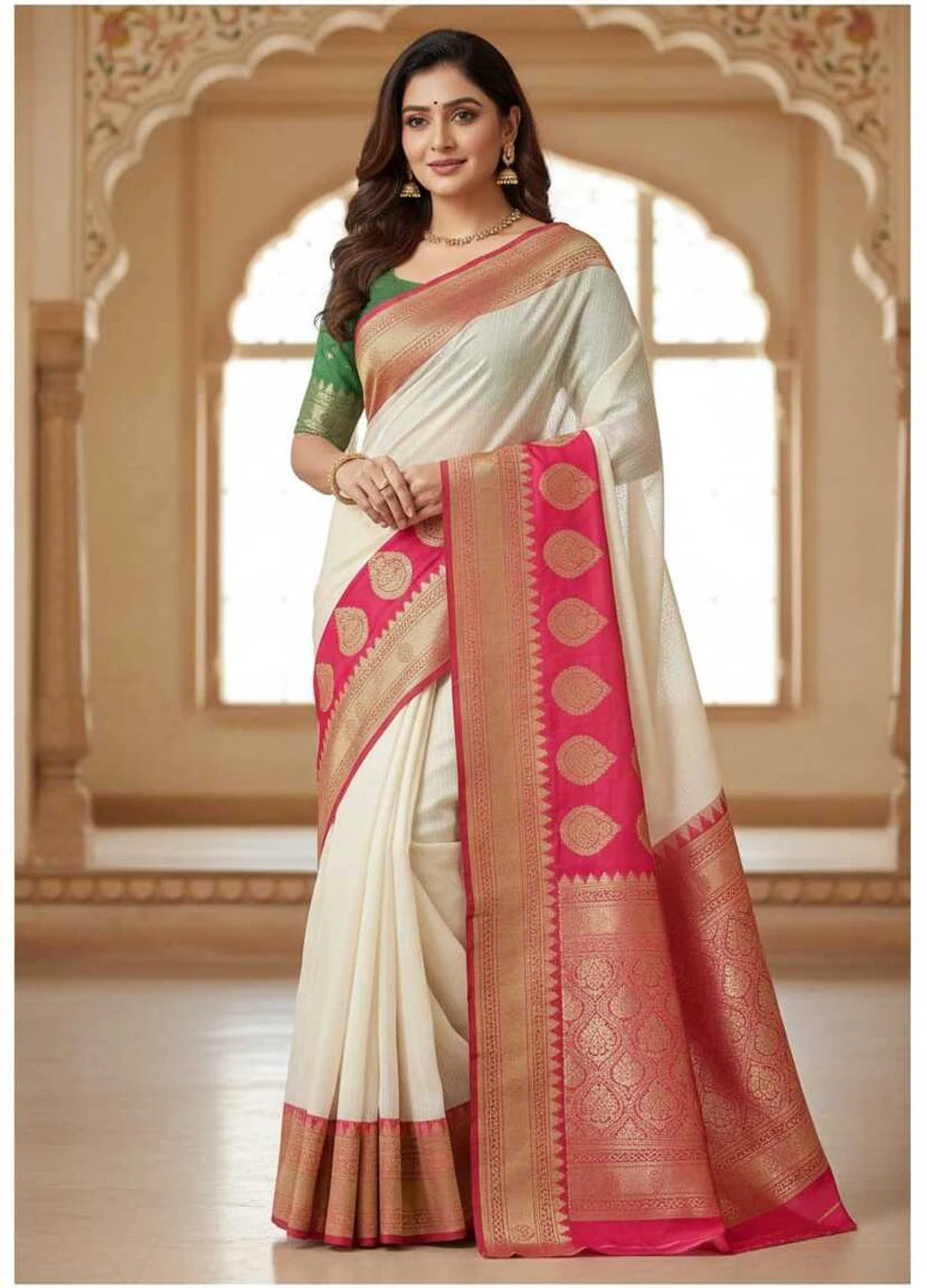 SKIP M FAMILY FASHION Floral Print Handloom Nylon Saree (White)