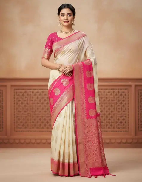 Elegant Cream & Pink Silk Saree with Gold Zari Border | Festive & Traditional Wear Saree for Women