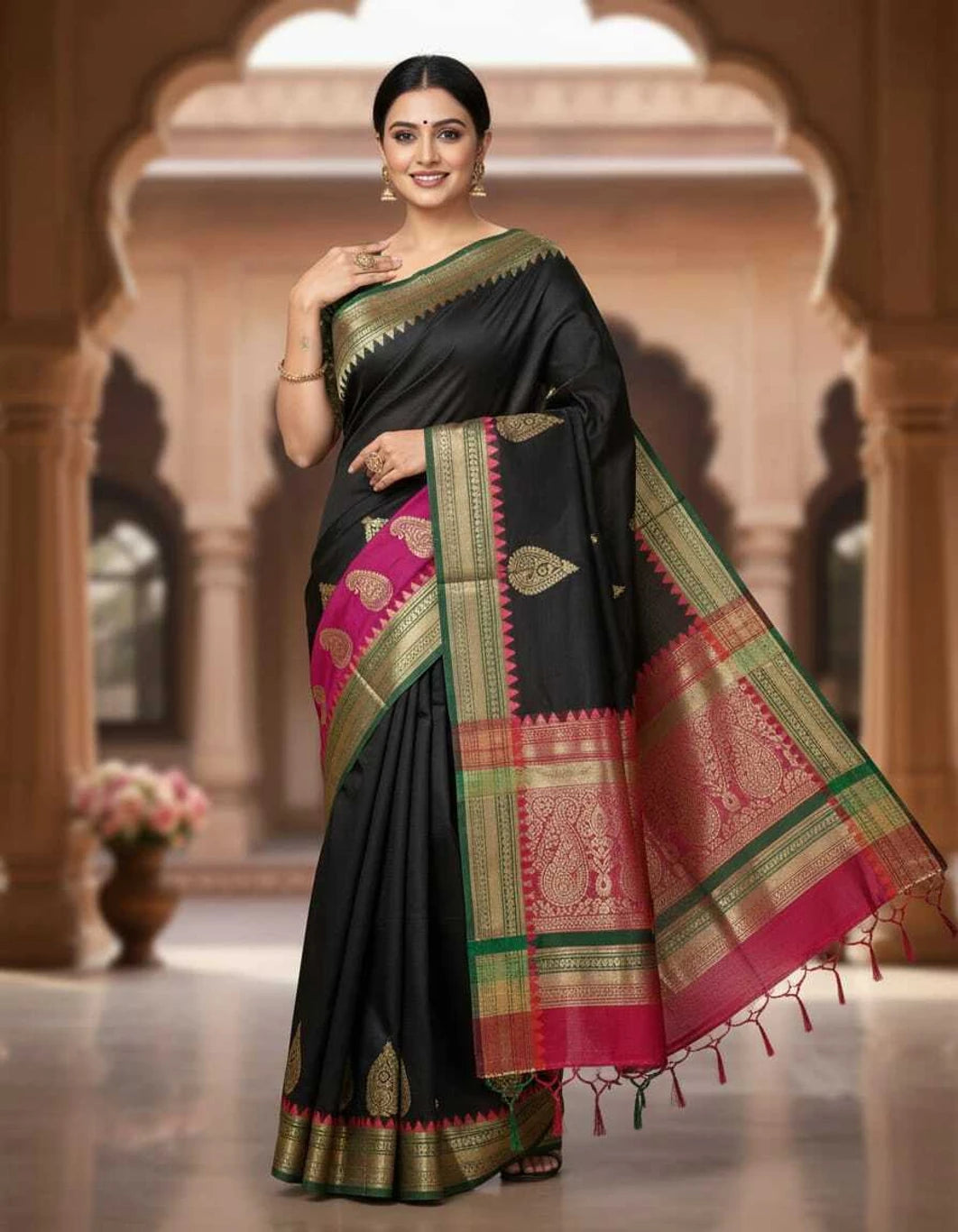 SKIP M FAMILY FASHION Floral Print Handloom Nylon Saree (Black)