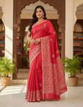 Ruby Red Heritage Floral Print Saree