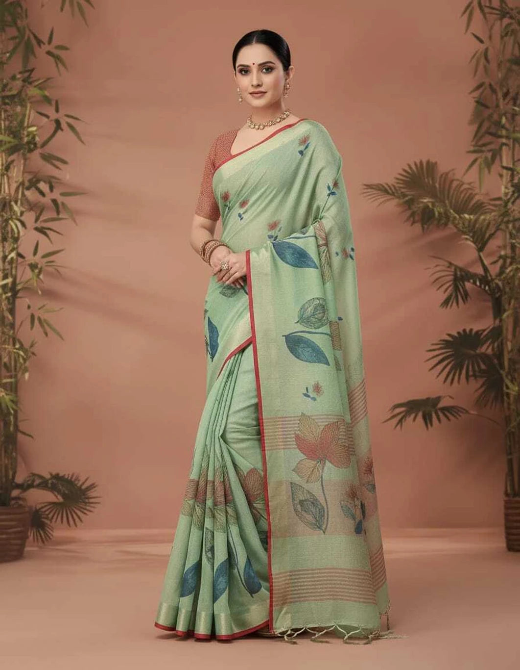SKIP M FAMILY FASHION Floral Print Handloom Nylon Saree (Green)
