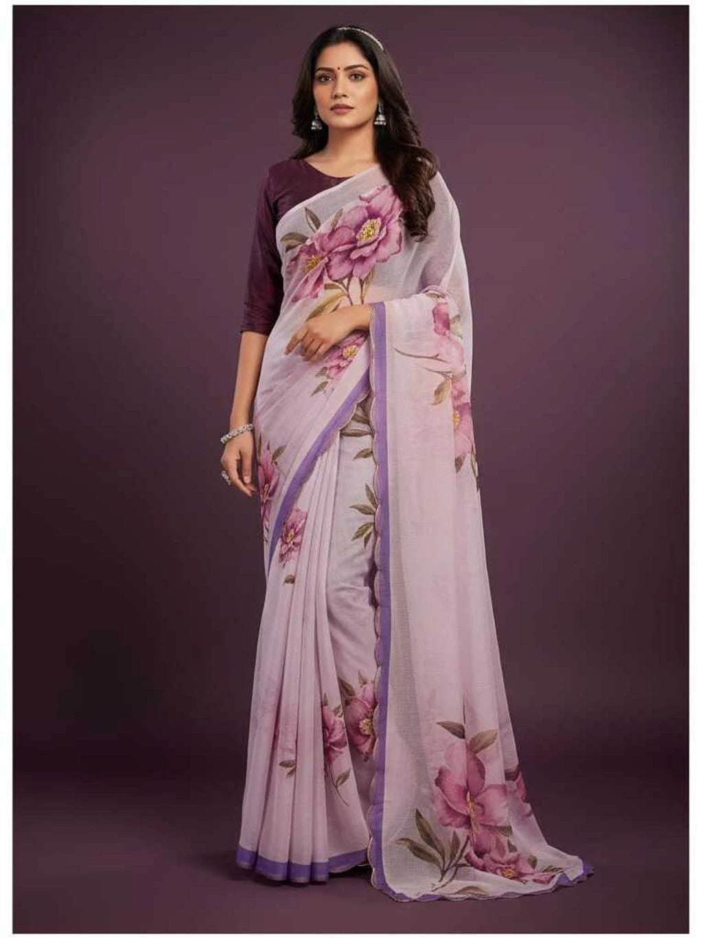 SKIP M FAMILY FASHION Floral Print Handloom Nylon Saree (Purple)