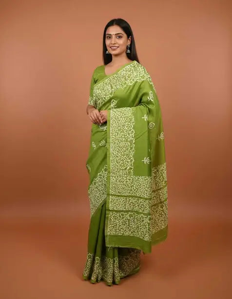 Elegant Olive Green Printed Saree with Ethnic Border Design | Casual & Festive Wear Saree for Women