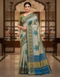 Ivory Bloom Blue Border Floral Designer Saree