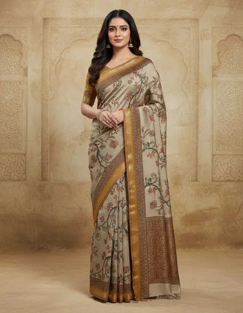 Elegant Beige Floral Printed Silk Saree with Gold Border | Traditional Festive & Ethnic Wear Saree for Women