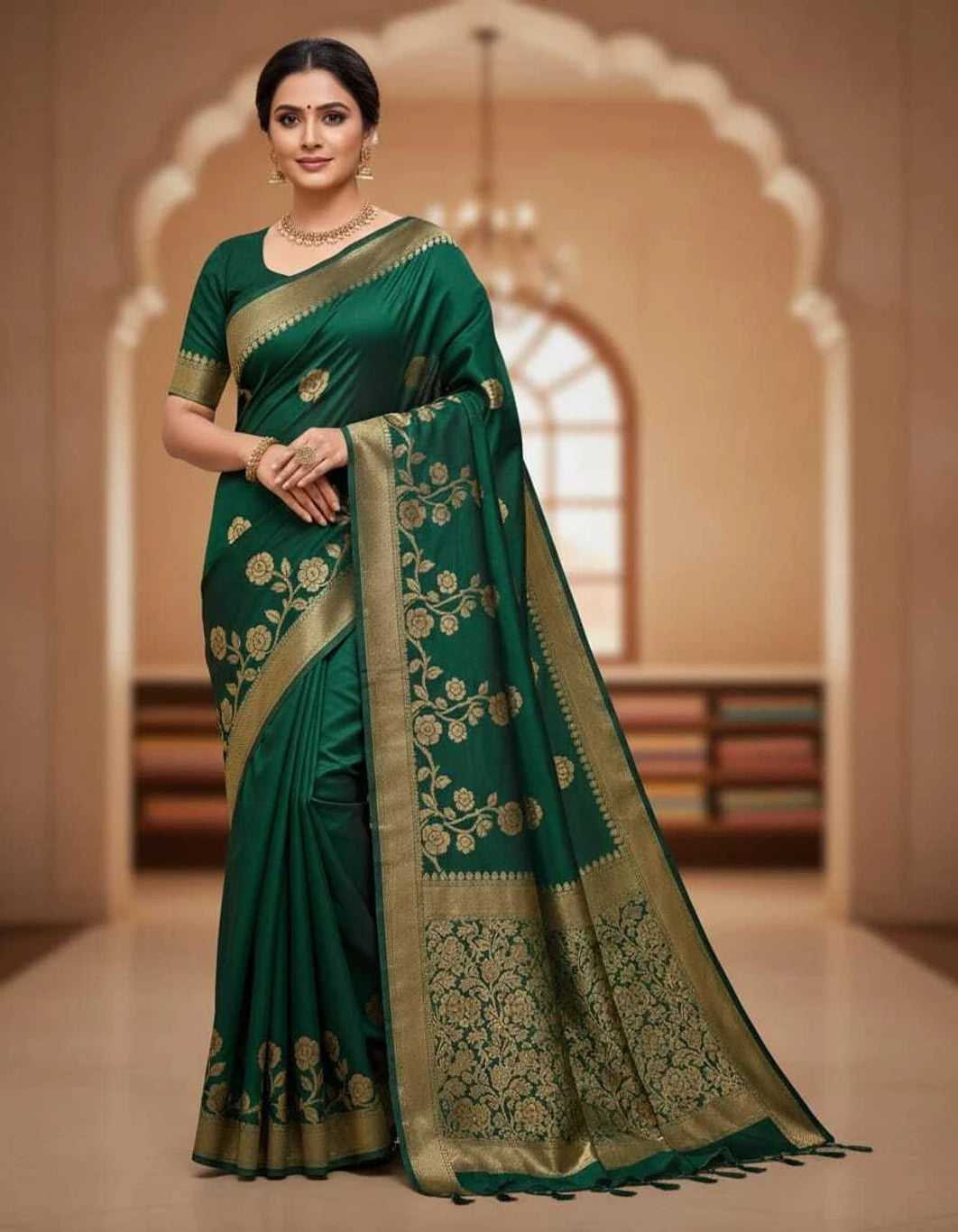 SKIP M FAMILY FASHION Floral Print Handloom Nylon Saree (Green)