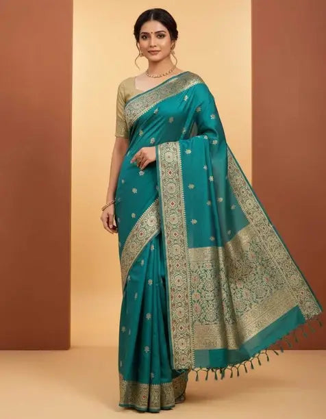 Teal Blue Gold Zari Royal Weave Saree