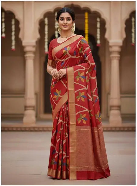 Elegant Red Printed Silk Saree with Gold Border | Traditional Festive & Ethnic Wear Saree for Women