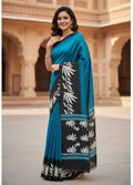 Stylish Teal Blue Saree with Black Floral Border | Elegant Casual & Festive Wear Saree for Women