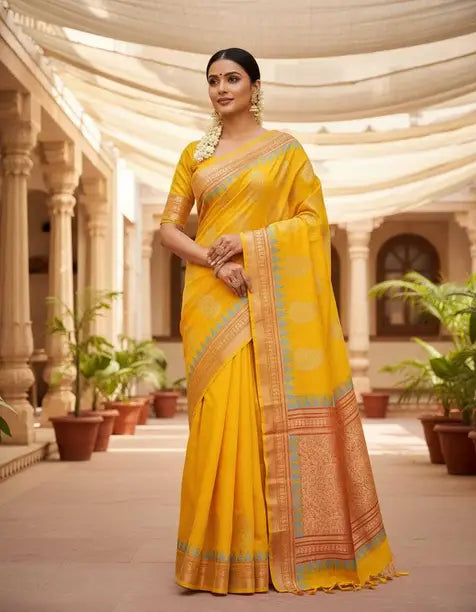 Elegant Mustard Yellow Silk Saree with Traditional Zari Border | Festive & Wedding Wear Ethnic Saree for Women