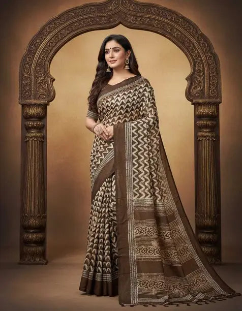 Elegant Brown Cotton Silk Saree with Geometric Weave Design | Traditional Ethnic & Festive Wear Saree for Women