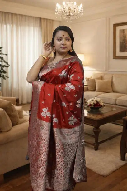 Elegant Red Silk Saree with Silver Floral Zari Work | Festive & Traditional Wear Designer Saree for Women